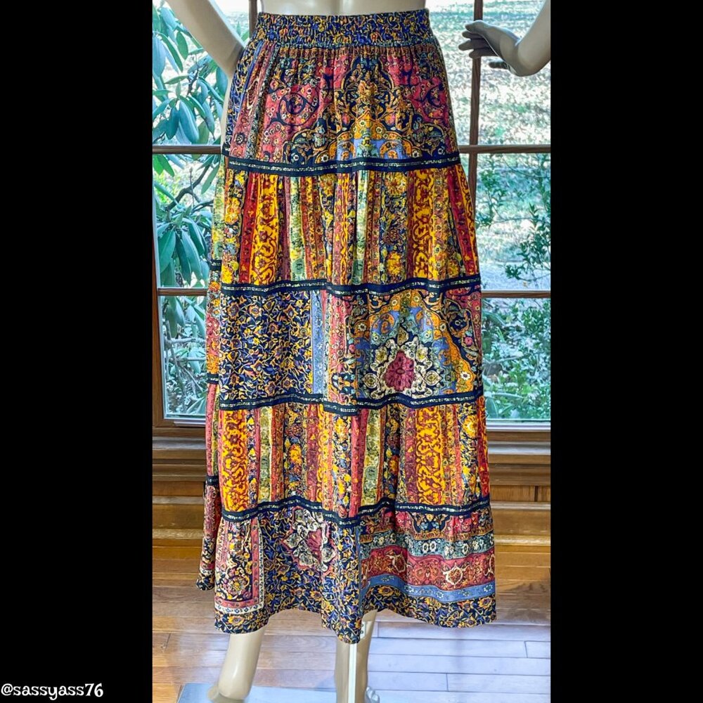 ▪️VTG▪️CAROL LITTLE▪️Multi-Color Floral Black & Gold Ribbon Maxi Prairie Skirt - Picture 2 of 7